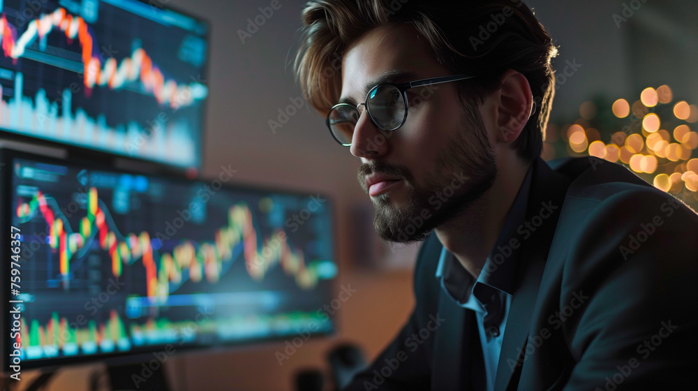 Fototapeta premium Man doing stock trading and lookingscreen for stock day trading