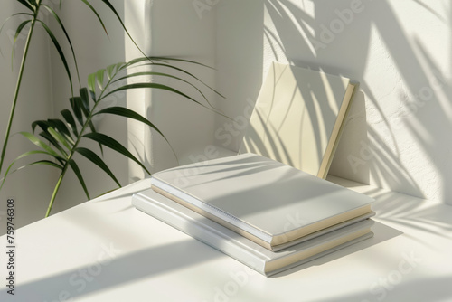 Peaceful arrangement of hardcover books bathed in soft morning sunlight, with plant shadows © Татьяна Евдокимова
