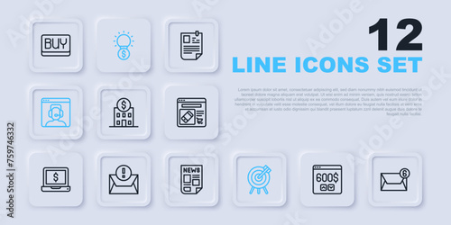 Set line Monitor with dollar, Mail and e-mail, Bank building, Target financial goal, Telephone 24 hours support, Envelope, Light bulb and News icon. Vector