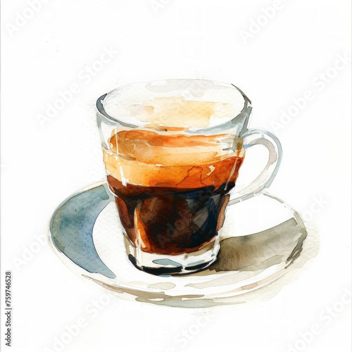 Watercolor illustration of a layered cappuccino in a clear glass cup, with a saucer, ideal for cafe menus and beverage-themed designs; space for text available on the white background