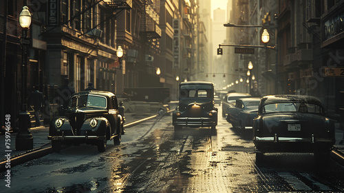carros antigos nas ruas de cidade retrô  photo