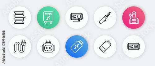 Set line Battery charge, Electrician, plug, Soldering iron, Electrical outlet, and Tee electric icon. Vector