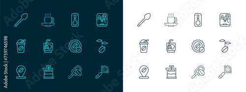 Set line Coffee machine, French press, Medal for coffee, Spatula with grain, Espresso tonic, thermometer, Teaspoon and cup icon. Vector