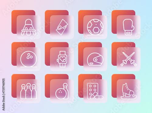 Set line Boxing glove, Bowling pin and ball, Racing helmet, Sports doping with dumbbell, Smart watch heart, Soccer football, Badminton shuttlecock and Flippers for swimming icon. Vector