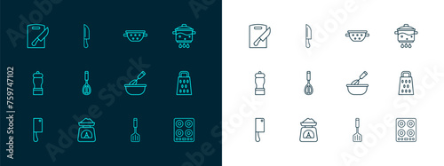 Set line Cooking pot on fire, Scales, whisk with bowl, Spatula, Kitchen, colander, Cutting board knife and Knife icon. Vector