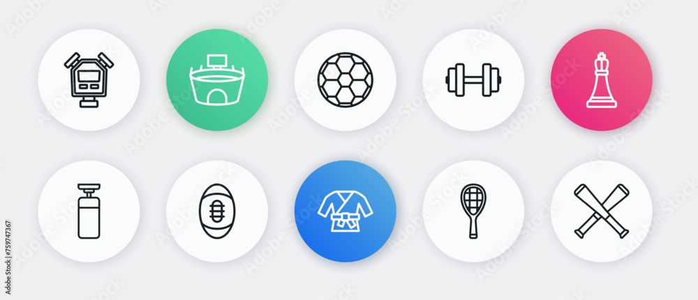 Set line Kimono, Chess, Punching bag, Tennis racket, Dumbbell, Soccer football ball, Crossed baseball bat and American Football icon. Vector Set line Kimono, Chess, Punching bag, Tennis racket, Dumbbell, Soccer football ball, Crossed baseball bat and American Football icon. Vector