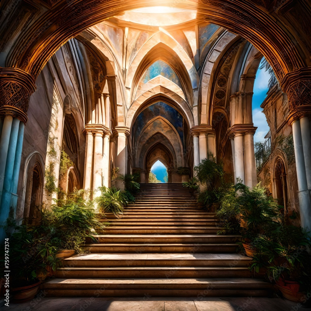 Stairway to heaven in heavenly concept,A majestic stairway enveloped in ethereal light, ascending towards a radiant heavenly sky, evoking a sense of divine transcendence and spiritual elevation