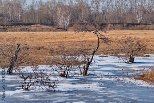 Russia, South of Eastern Siberia. View of the frozen lake in the early spring morning along the federal highway Siberia.