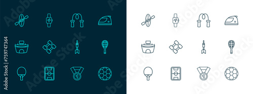 Set line Racing helmet, Football field, Dart arrow, Medal, Dumbbell, Jump rope, Kayak and paddle and Smart watch with heart icon. Vector
