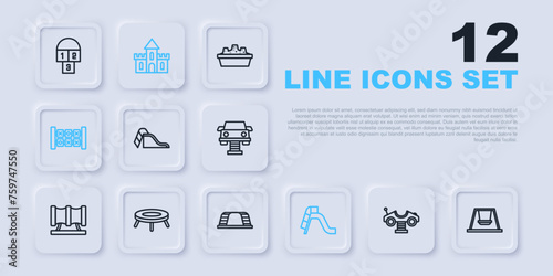 Set line Swing car, for kids, Slide playground, Education logic game, Jumping trampoline, Sand castle and Monkey bar icon. Vector