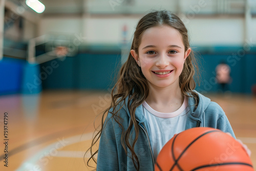 Portrait happy girl holding basketball in a school gymnasium