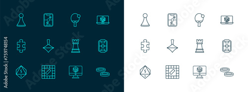 Set line Game dice, Board game, Chess, Whirligig toy, Racket, Chip for board and Air hockey table icon. Vector