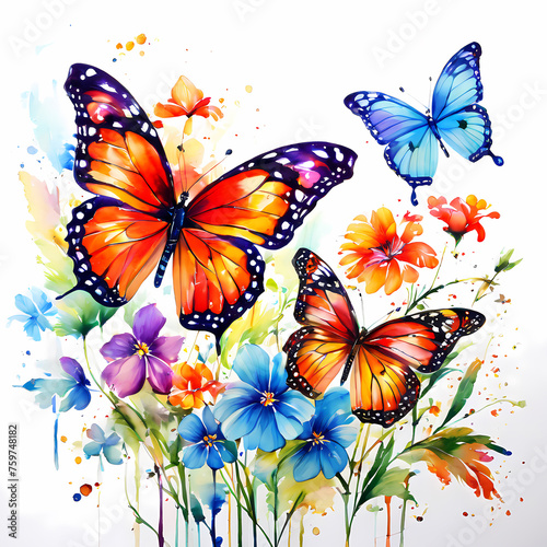  Watercolor painting of beautiful colorful butterflies and flowers illustration 