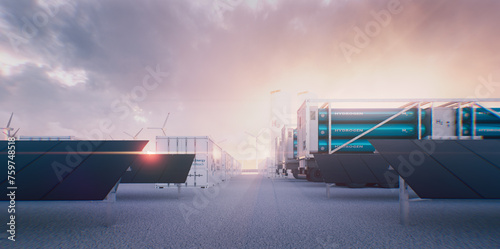 An industrial park used for the production, storage and distribution of hydrogen - Solar panels and wind turbines, containerized electrolysis units, transport trucks and H2 storage tanks.  photo