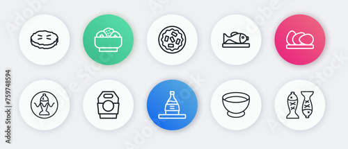 Set line Bottle of sake, Chicken egg, Served fish on plate, Soy sauce in bowl, Homemade pie, and Asian noodles paper box icon. Vector