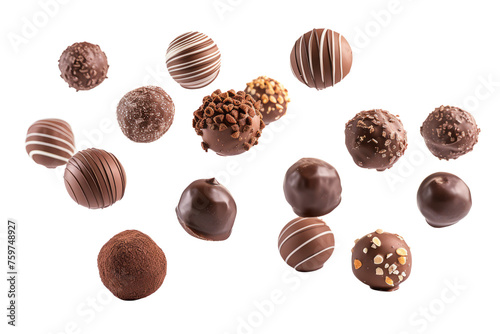 chocolate truffles in mid-air, emphasizing their rich and decadent texture.