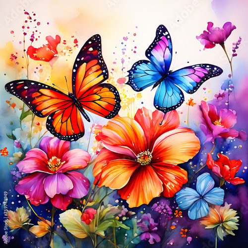  Watercolor painting of beautiful colorful butterflies and flowers illustration  © EFTI