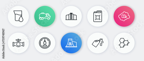 Set line Nuclear power plant, CO2 emissions in cloud, Oil pipe with valve, Canister for motor machine oil, gasoline, tank storage, Molecule and Motor gauge icon. Vector