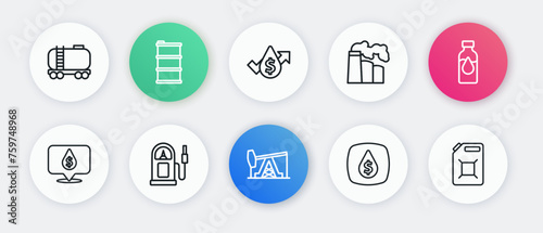 Set line Oil pump or pump jack, petrol test tube, drop with dollar symbol, and gas industrial factory, price increase, Canister for gasoline and Petrol station icon. Vector