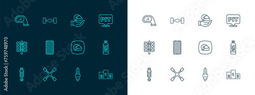 Set line Pit stop, Wheel wrench, Racing helmet, Car spark plug, tire wheel, mirror and Chassis car icon. Vector