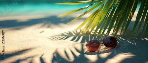 Maldives beach vacation. Flat lay composition with sunglasses under tropical palm. Ocean view. Beige sand texture. Palm shadow lights effect. Exotical lesure background. Generative ai