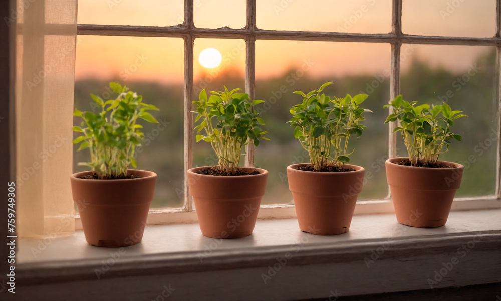 A row of various potted plants is neatly arranged on the window sill. The plants are thriving under the natural light, adding a touch of greenery to the interior space.