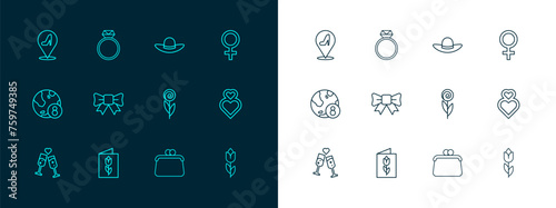 Set line Female gender symbol, Greeting card with 8 March, Flower, Handbag, Gift bow, Elegant women hat, Woman shoe and Diamond engagement ring icon. Vector