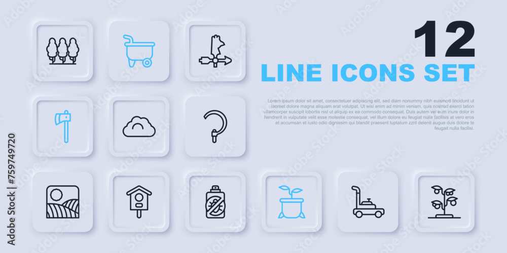 Set line Lawn mower, Sprout, Cloudy weather, Plant in pot, Wooden axe, Bird house, Wheelbarrow and Spray against insects icon. Vector