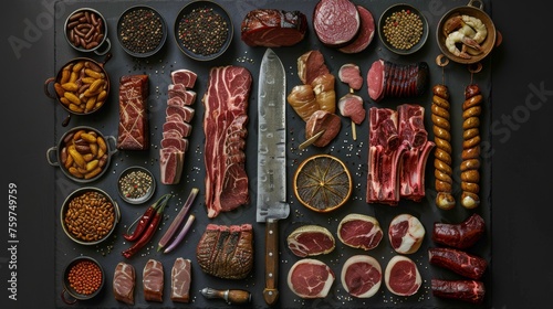 Assortment of various types of meat arranged on black surface with knife in middle