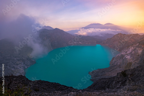 sunrise over the mountains at Ijen lake on Java
