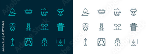 Set line Sailor, Lifebuoy, Whale tail, Yacht sailboat, Lighthouse, Tsunami, and Nautical rope knots icon. Vector