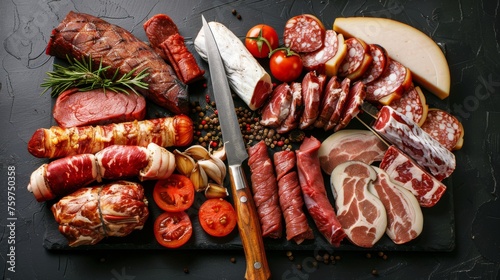 Assortment of various types of meat arranged on black surface with knife in middle photo
