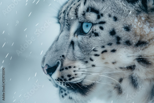 A captivating portrait of a snow leopard with piercing blue eyes during a gentle snowfall