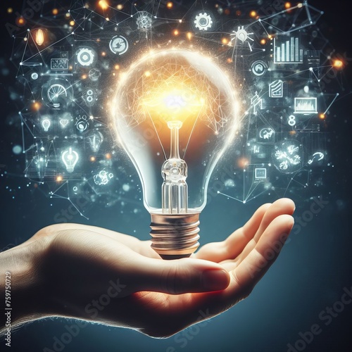 A glowing light bulb held in a hand emerges from a digital network background, symbolizing the spark of innovation and ideas.