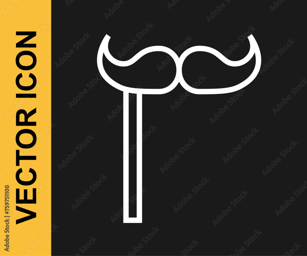 White line Paper mustache on stick icon isolated on black background. Concept with cardboard carnival mask. Mask for a photo shoot. Vector White line Paper mustache on stick icon isolated on black background. Concept with cardboard carnival mask. Mask for a photo shoot. Vector