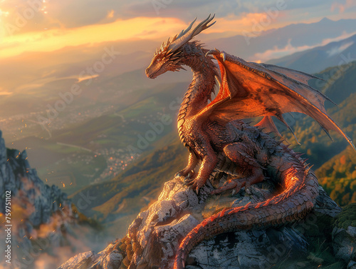 An imposing dragon perched on a mountaintop scales shimmering