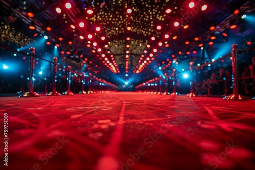 A red carpeted stage with a red background and lights
