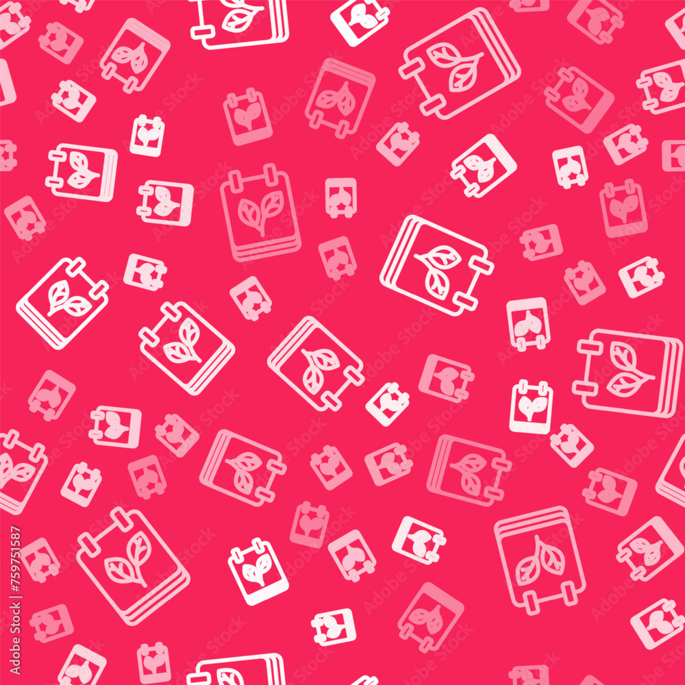 White line Calendar with autumn leaves icon isolated seamless pattern on red background. Vector