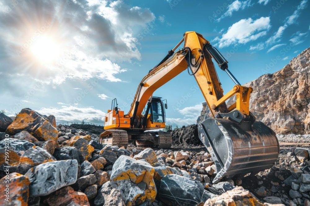 A large yellow excavator is digging into a pile of rocks A large yellow excavator is digging into a pile of rocks
