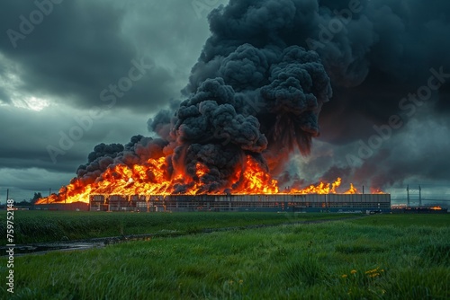 A large building is on fire and the smoke is billowing into the sky