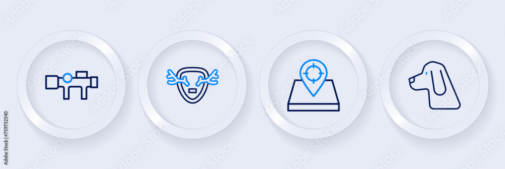 Set line Hunting dog, place, Deer antlers on shield and Sniper optical sight icon. Vector Set line Hunting dog, place, Deer antlers on shield and Sniper optical sight icon. Vector
