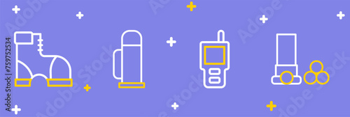 Set line Cartridges, Walkie talkie, Thermos container and Hunter boots icon. Vector