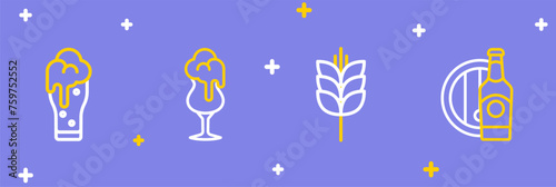 Set line Beer bottle and wooden barrel, Wheat, Glass of beer and icon. Vector