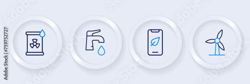 Set line Wind turbine, Mobile phone with leaf, Water tap and Radioactive waste barrel icon. Vector