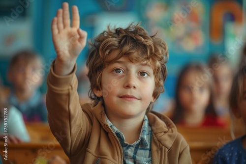 A boy is raising his hand in a classroom