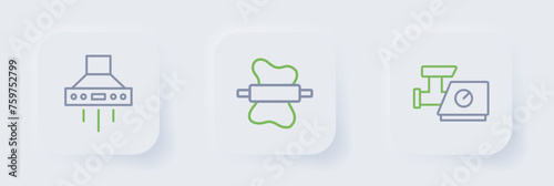Set line Kitchen meat grinder, Rolling pin on dough and extractor fan icon. Vector