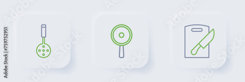 Set line Cutting board and knife, Frying pan and Spatula icon. Vector