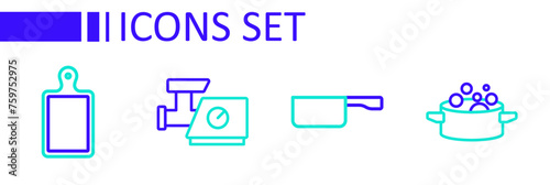 Set line Cooking pot, Frying pan, Kitchen meat grinder and Cutting board icon. Vector