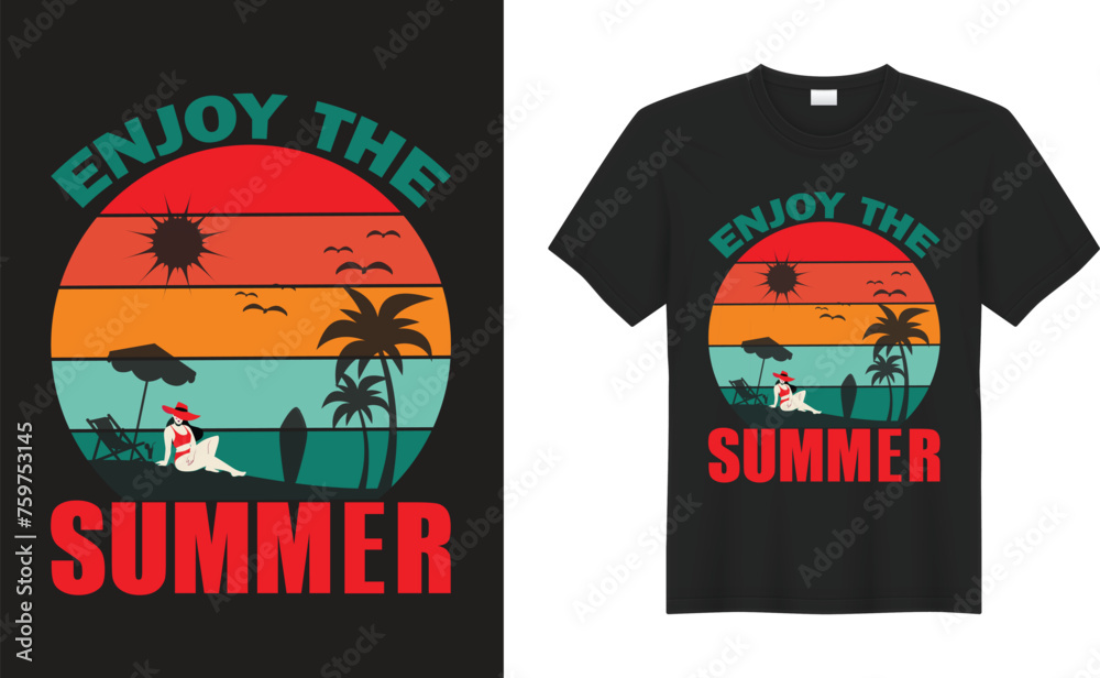 Summer Graphic T-shirt Design. Enjoy the summer.Vector illustration on the theme of surf and surfing in Hawaii. Grunge background. Typography, t-shirt graphics, print, poster, banner, flyer, postcard.