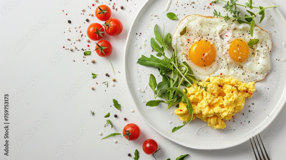 scrambled eggs and assorted vegetarian breakfast items arranged on a plain white plate, leaving ample empty space around for text or captions. scrambled eggs and assorted vegetarian breakfast items arranged on a plain white plate, leaving ample empty space around for text or captions.